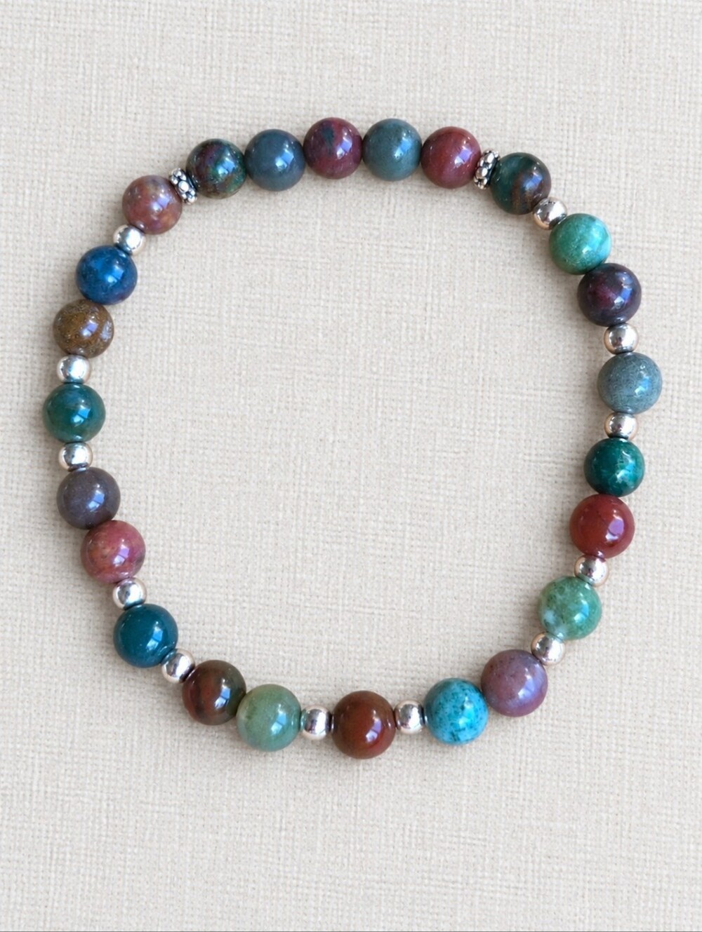 Indian Agate & Silver Hematite Beaded Stretch Bracelet | Handmade